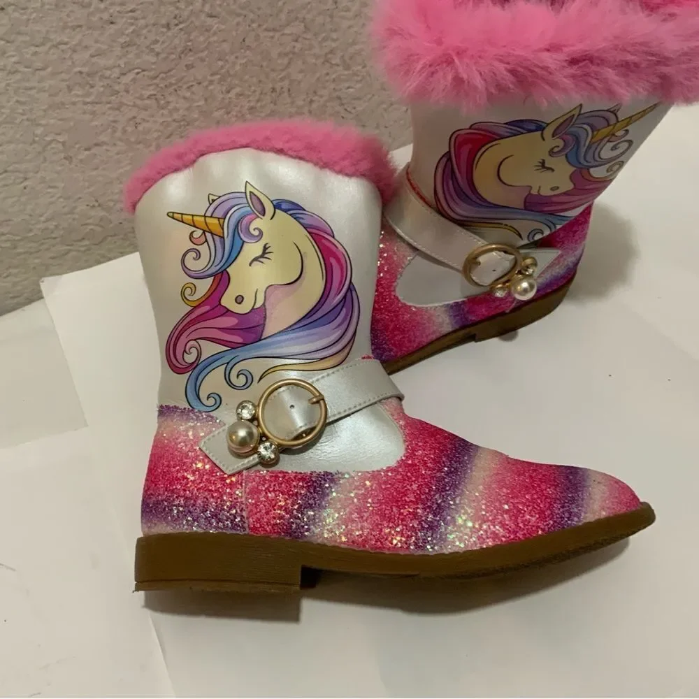 Girls Unicorn Glitter Boots with Faux Fur Trim By Liv and Mia 4Y